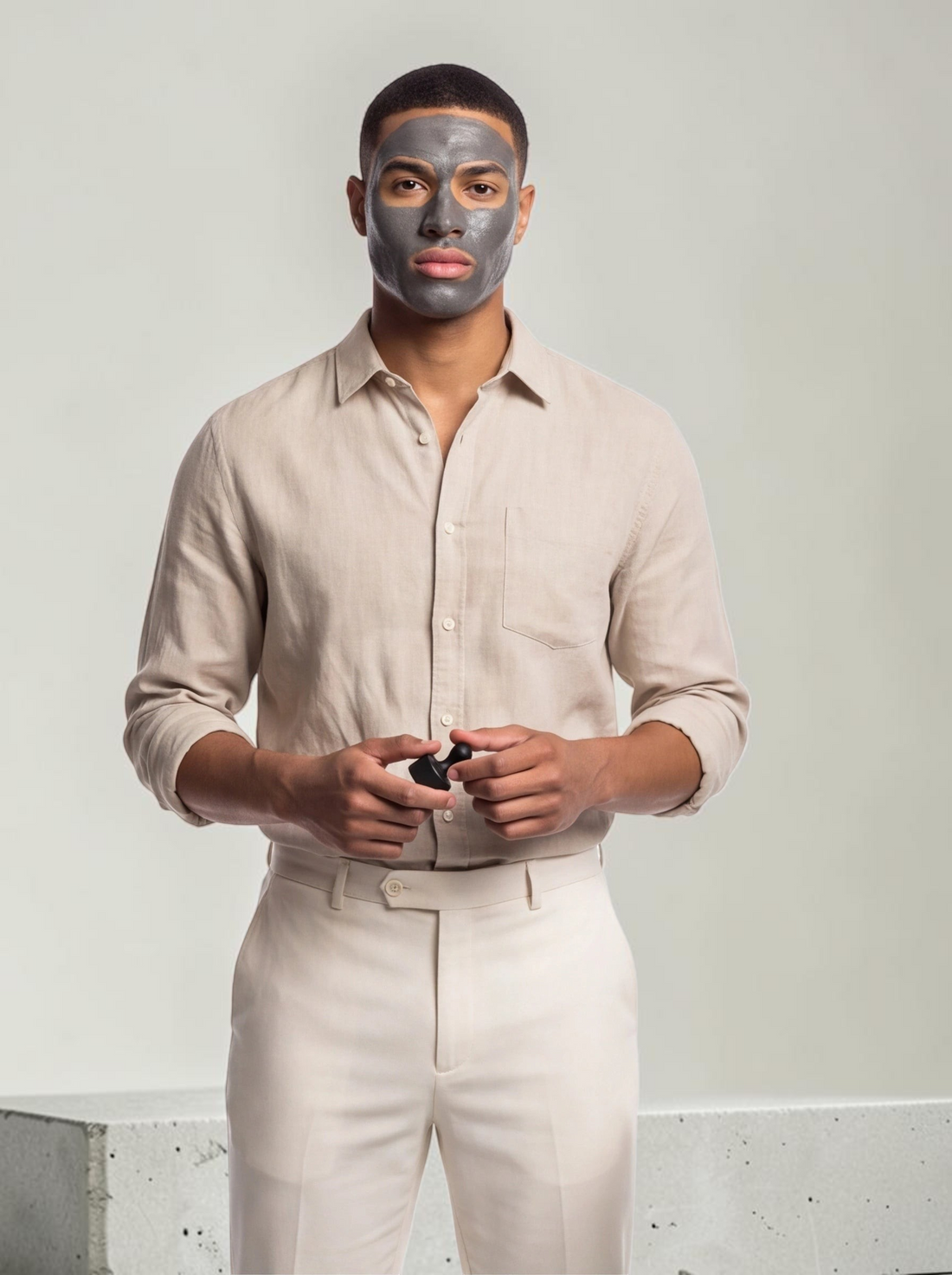 TheGromify magnetic clay mask applied to a man's face, showing a deep-cleansing pore detox treatment.