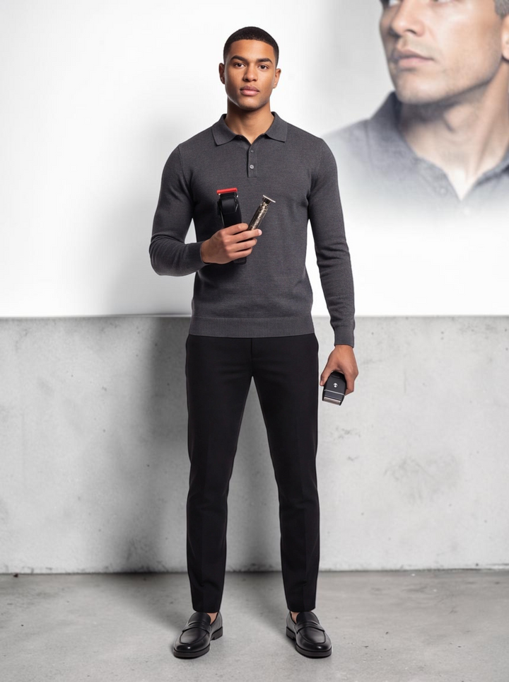 TheGromify cordless hair clipper kit held by a man in a grey polo shirt, featuring LED display and stainless blades.