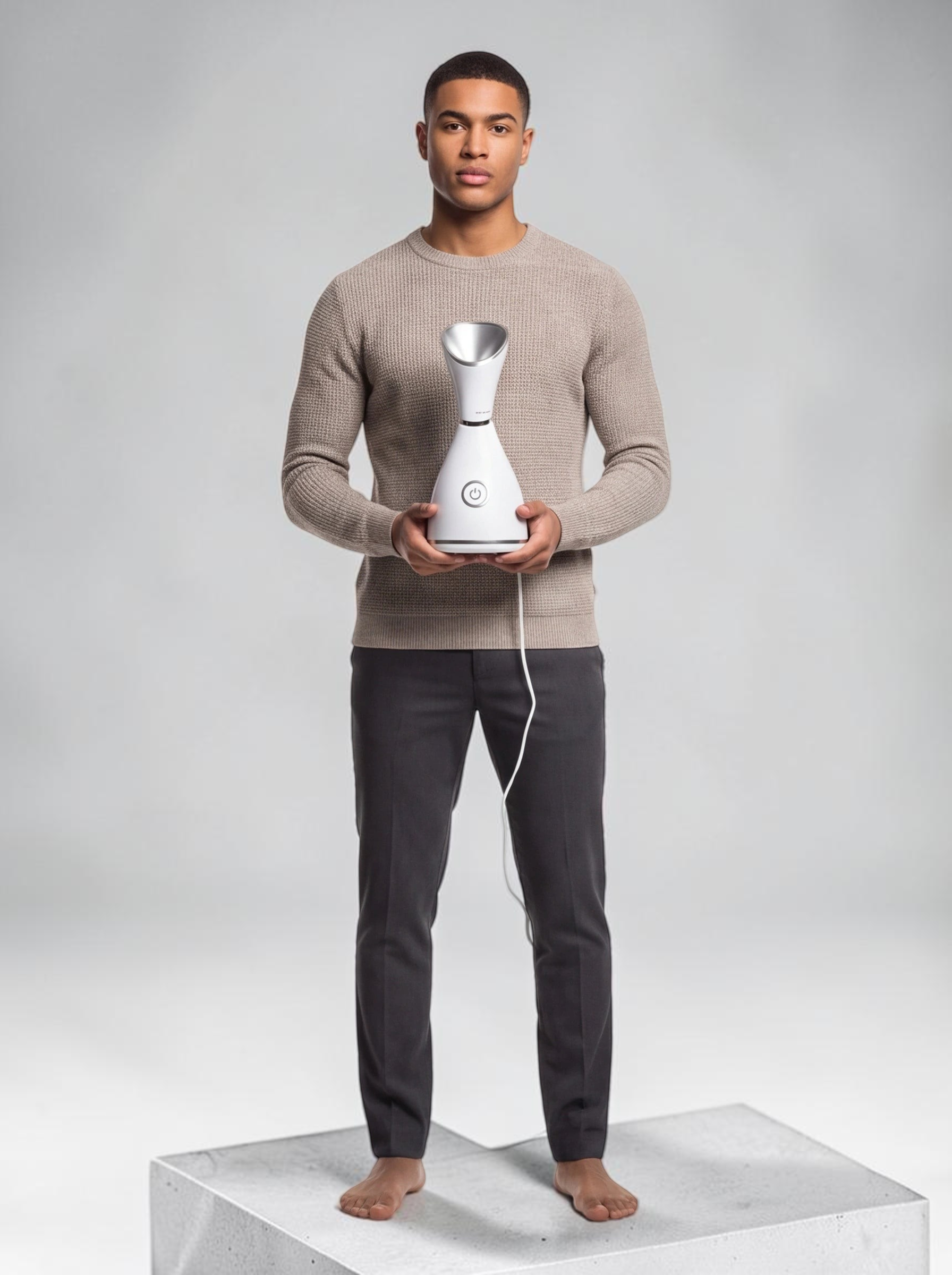 A man holding a white TheGromify nano ionic facial steamer for deep pore cleansing and skincare absorption
