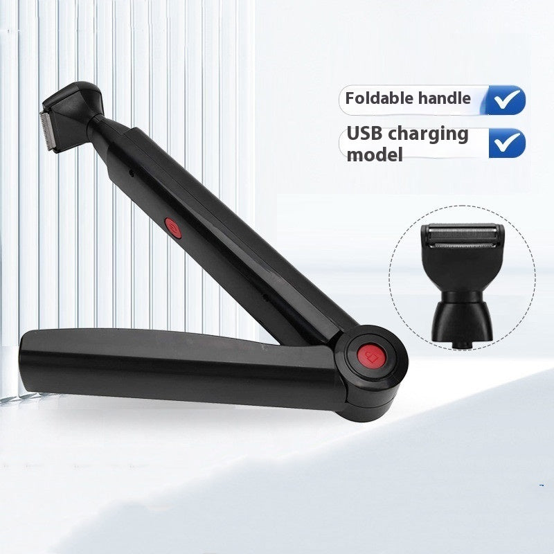 Black electric shaver with foldable handle and USB charging feature on a white background