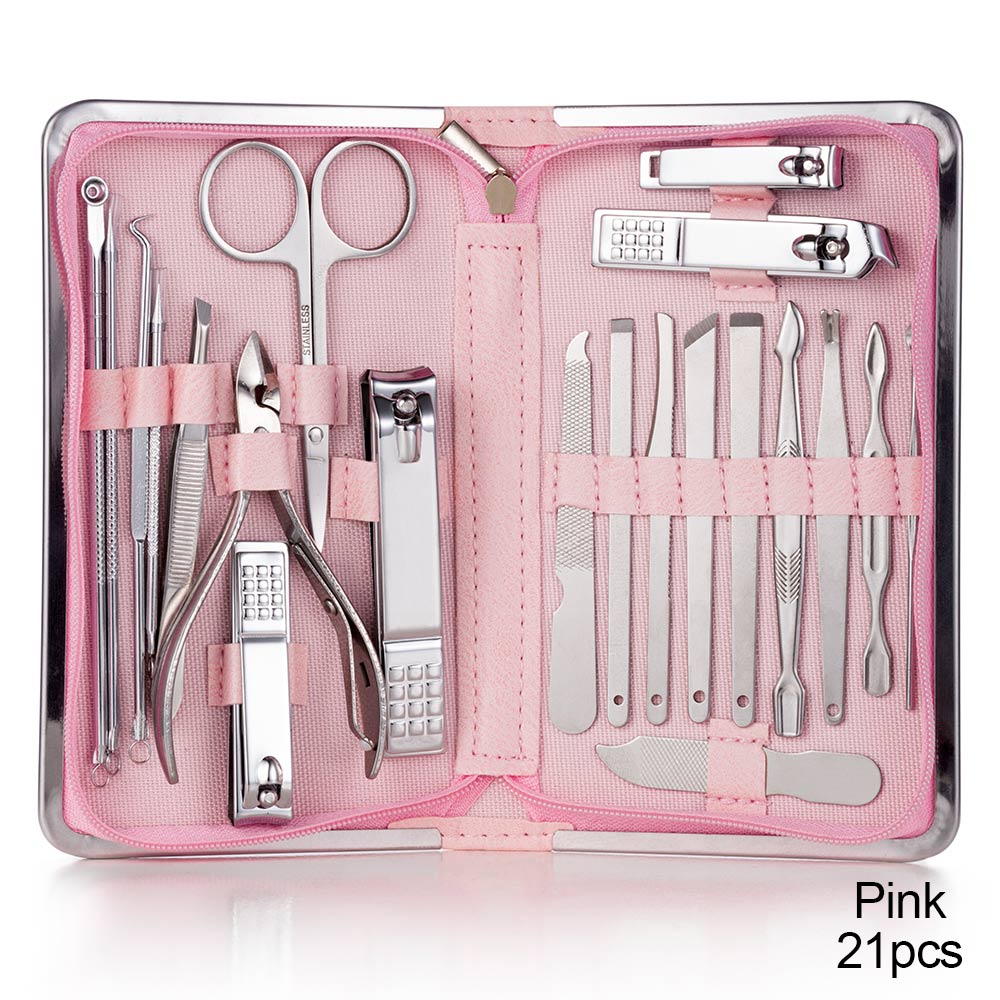 Manicure and pedicure tools organized inside a grooming case