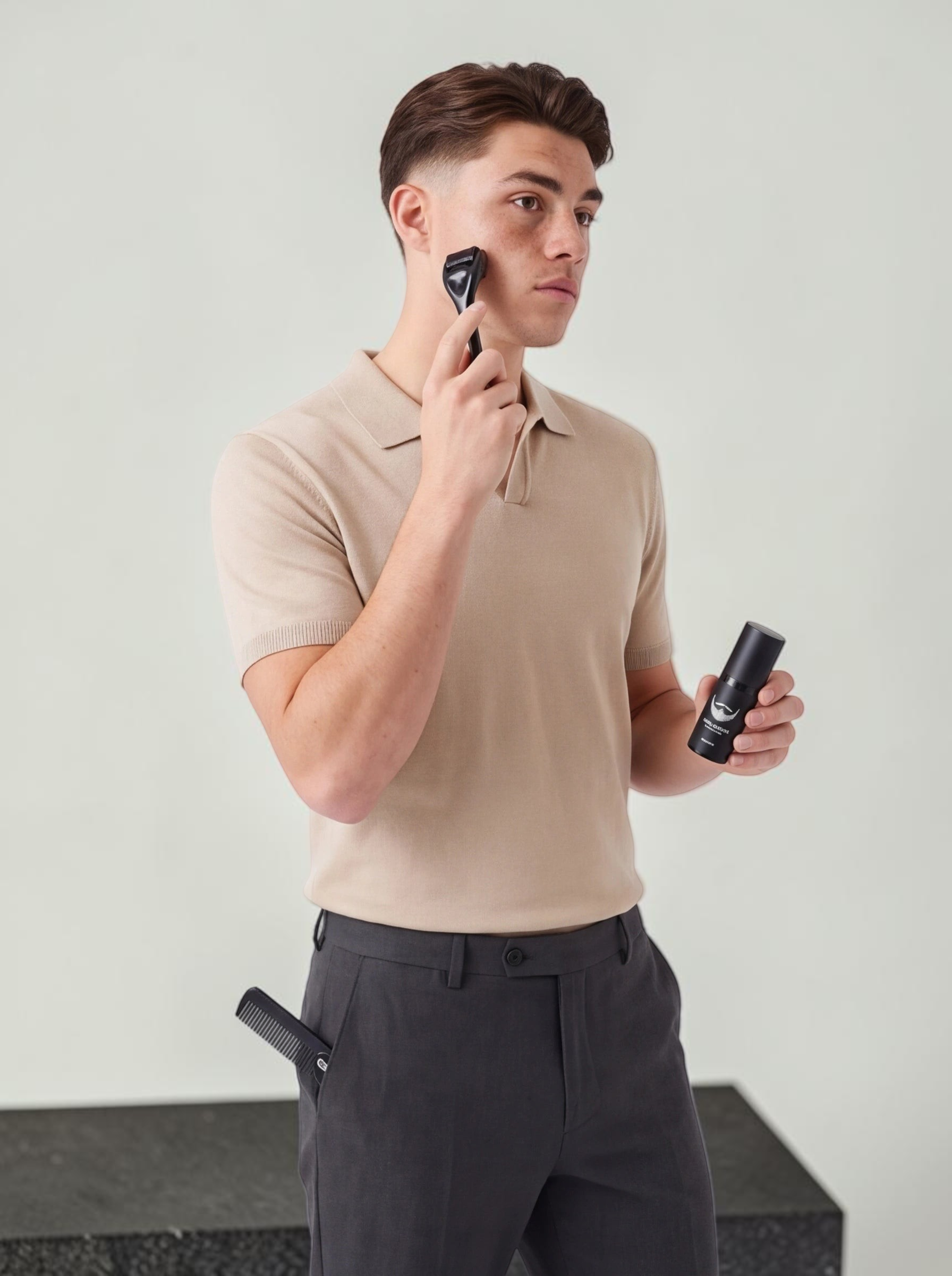 TheGromify beard growth roller kit with microneedle tool and disinfectant spray held by a man in a beige polo shirt