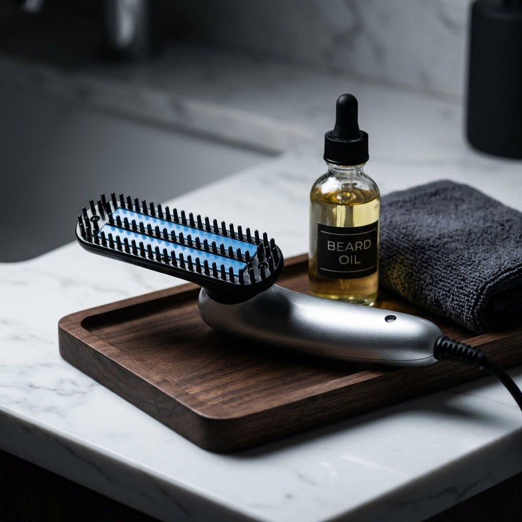 Electric Ceramic Beard Straightener — Grooming Station Lifestyle | Generated by Modelize