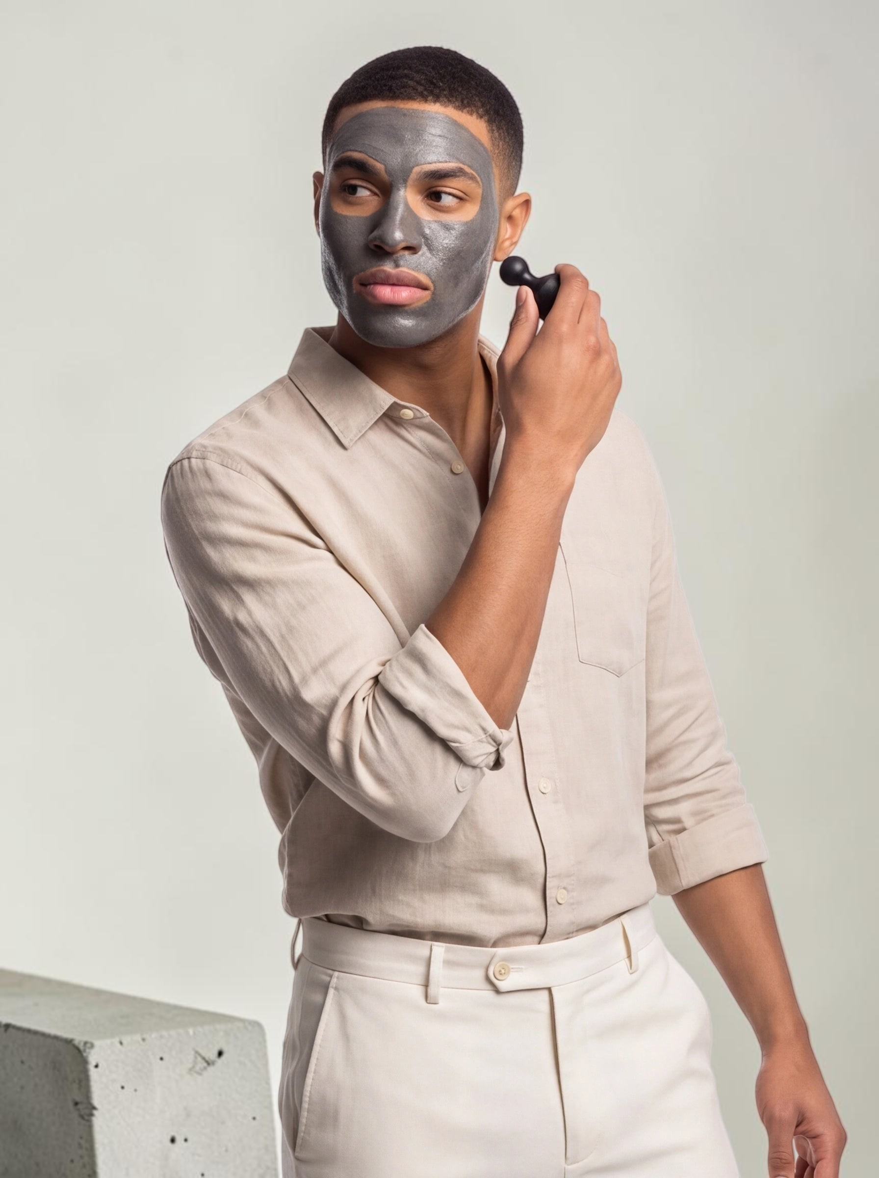 TheGromify magnetic clay mask applied to a man's face, being removed with a black magnetic tool for deep pore detox.