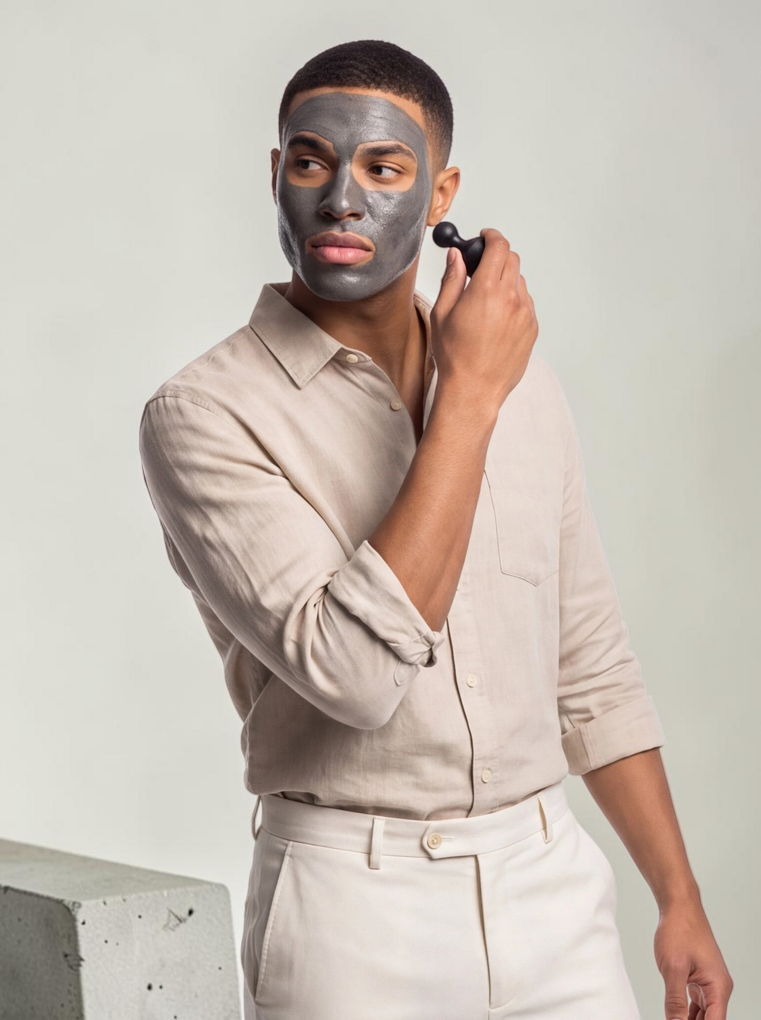 TheGromify magnetic clay mask applied to a man's face, being removed with a black magnetic tool for deep pore detox.