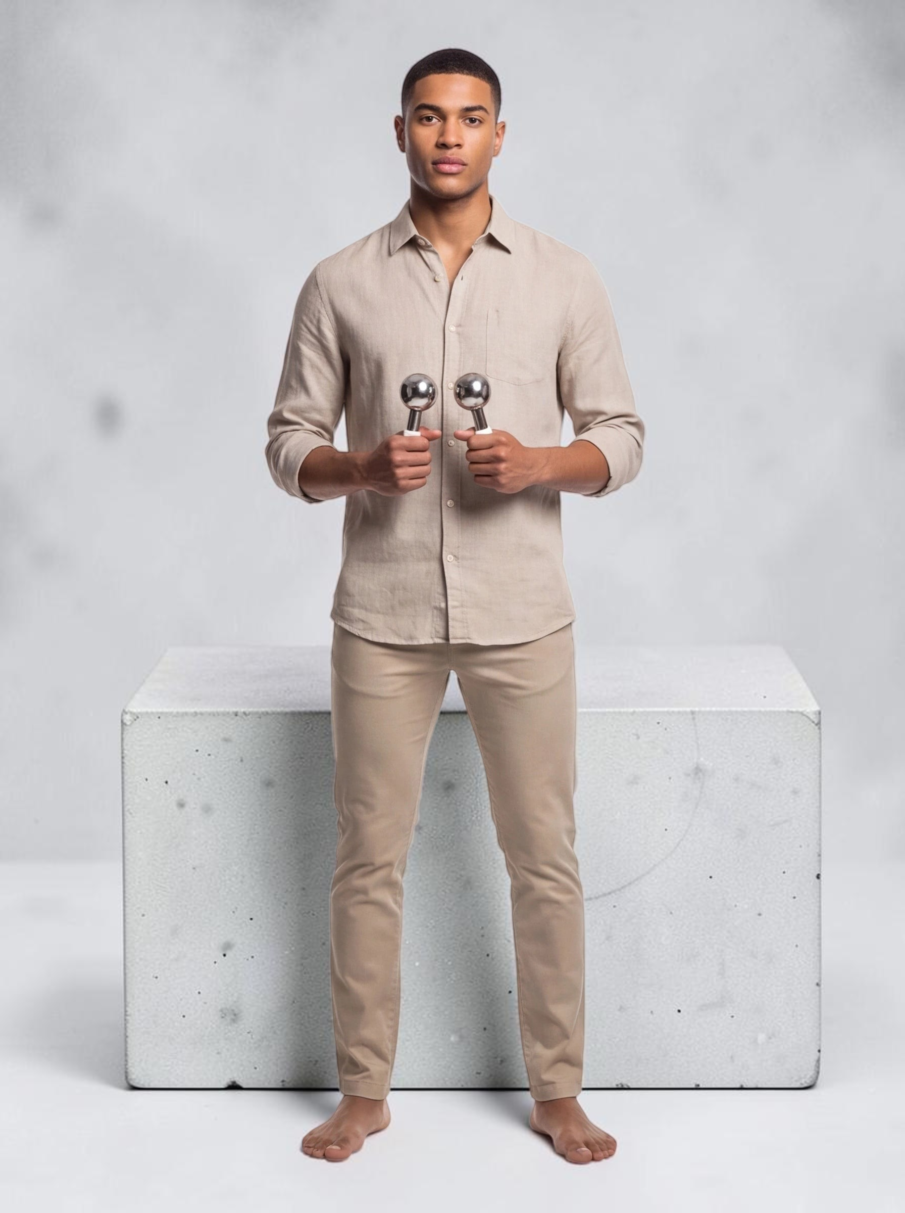 A man holding a pair of TheGromify stainless steel facial ice globes for cooling and de-puffing skin.