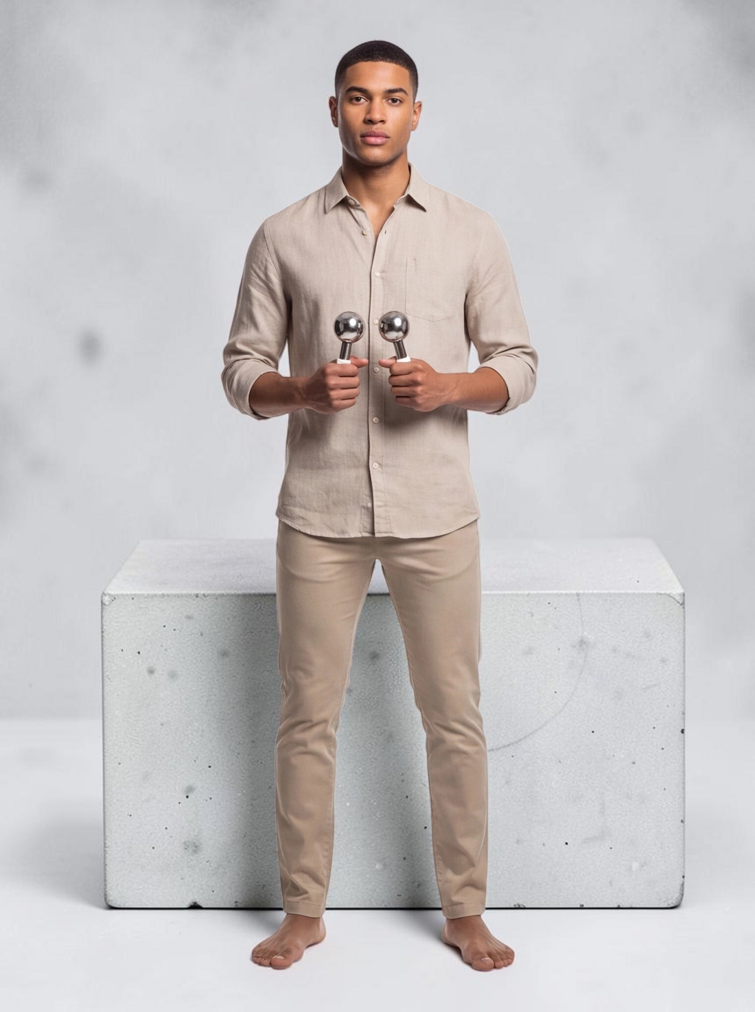 A man holding a pair of TheGromify stainless steel facial ice globes for cooling and de-puffing skin.