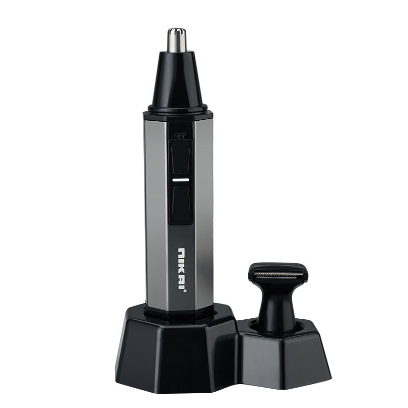 Black and silver ear and nose hair trimmer on a white background