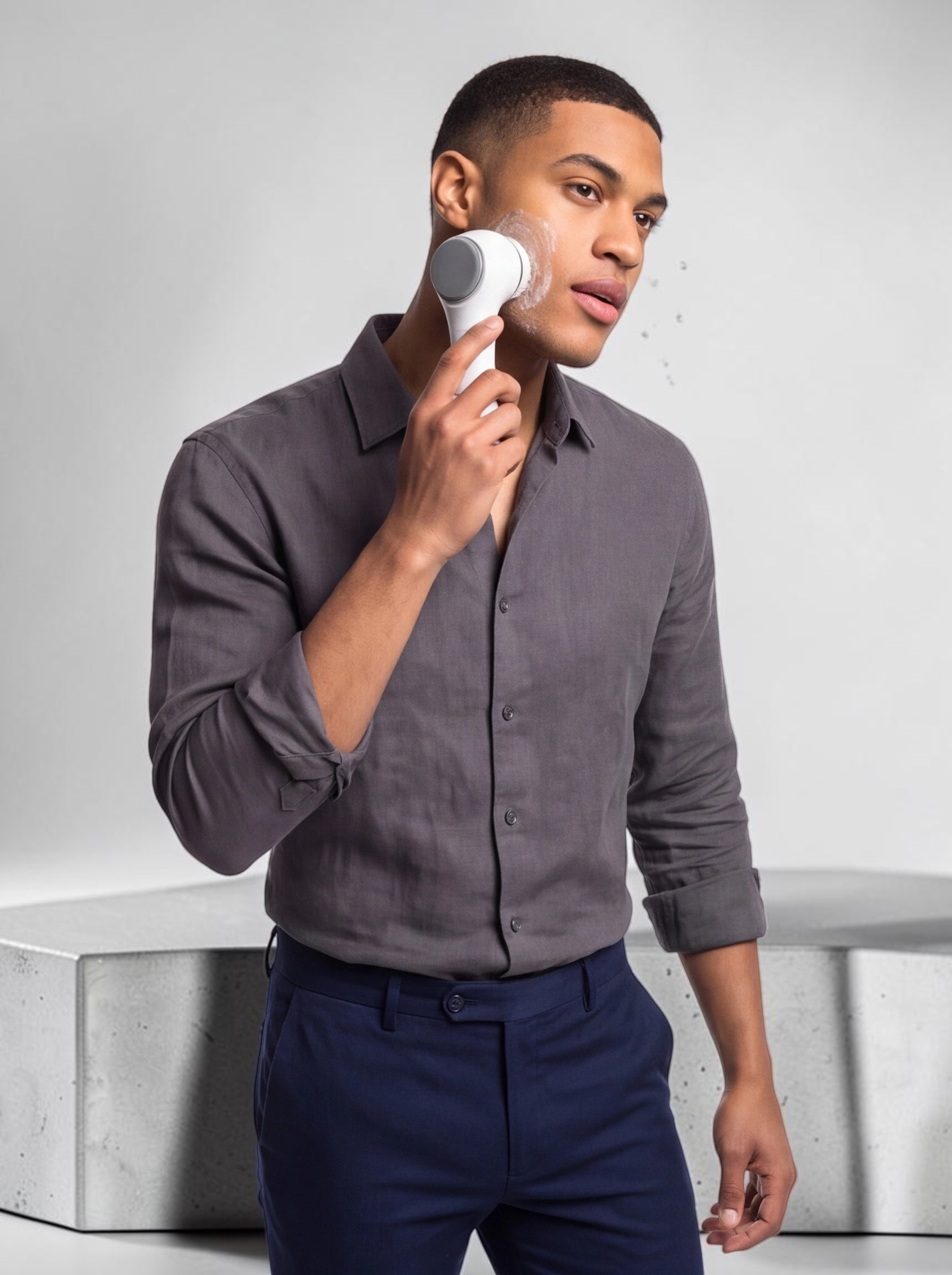 A man using TheGromify electric facial cleansing and hydrating brush on his cheek against a white background.