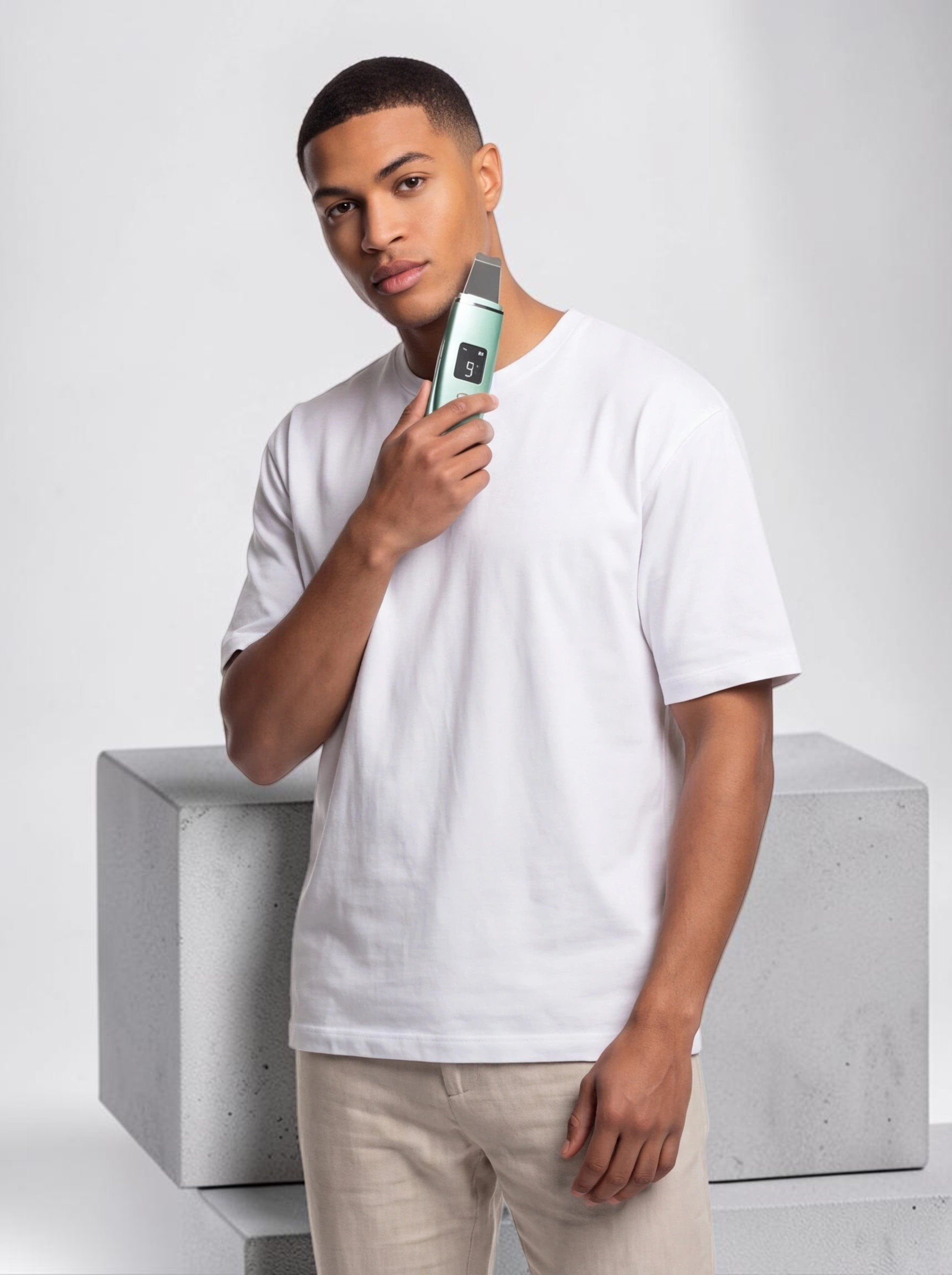 A man holding a light green TheGromify ultrasonic skin spatula device against his jawline for facial exfoliation.