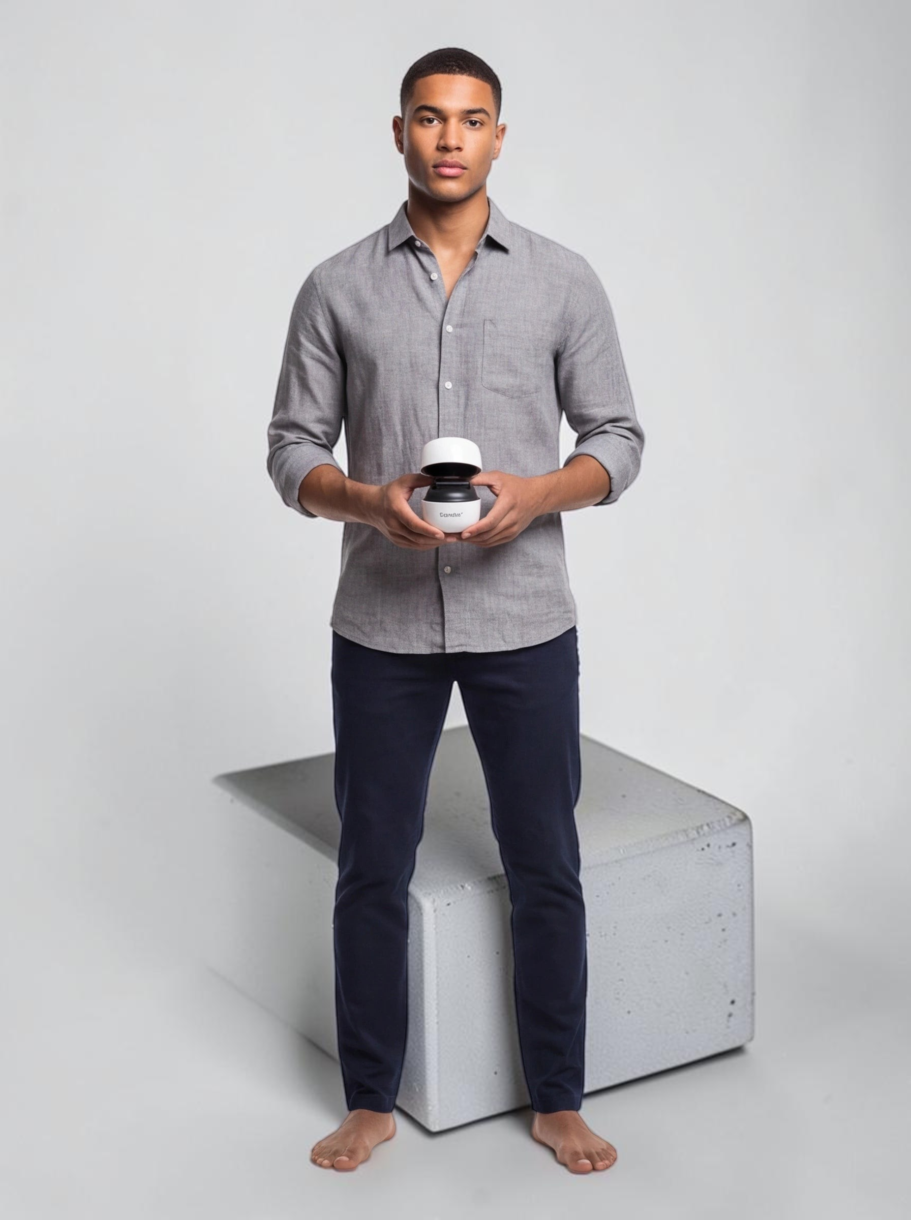A man holding a TheGromify titanium beard growth derma roller in a white case against a clean studio background.