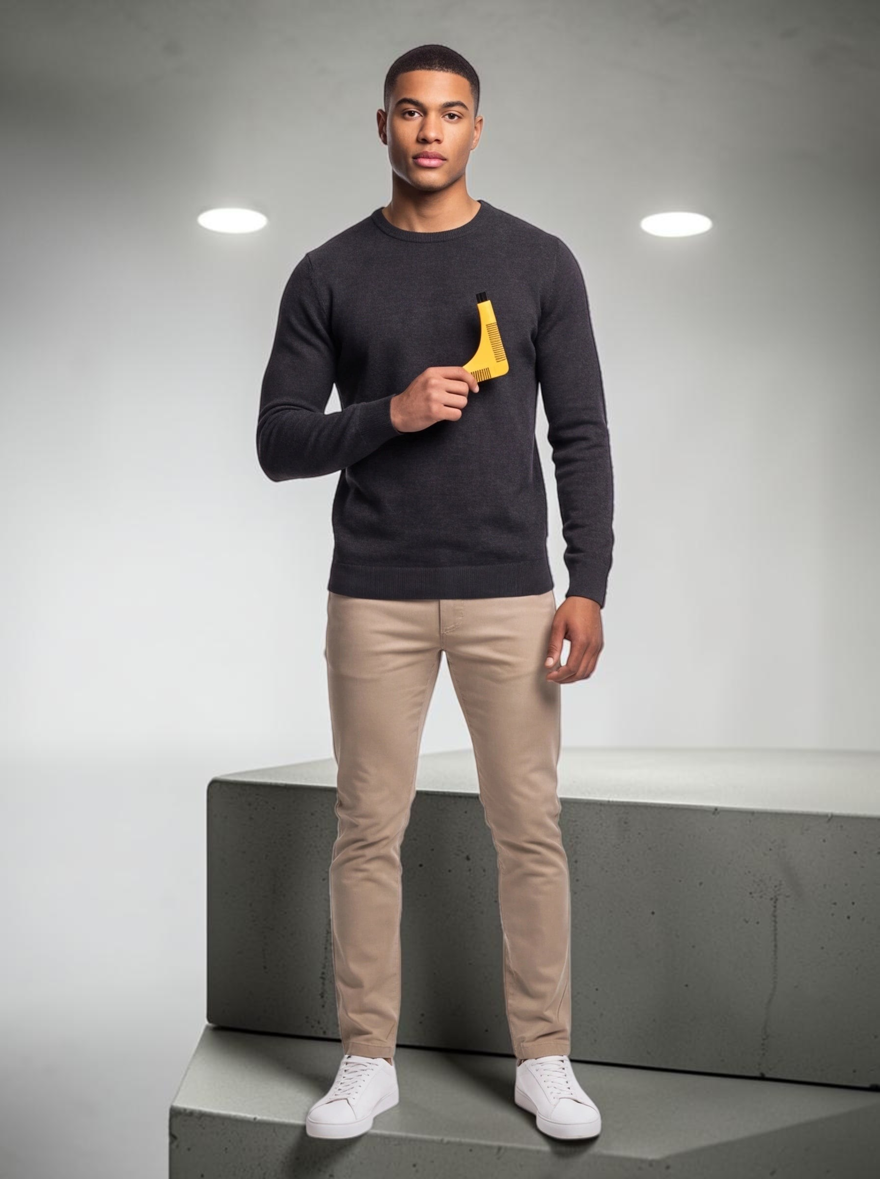 TheGromify man holding a yellow flexible beard lining tool for precise shaving against a white studio background