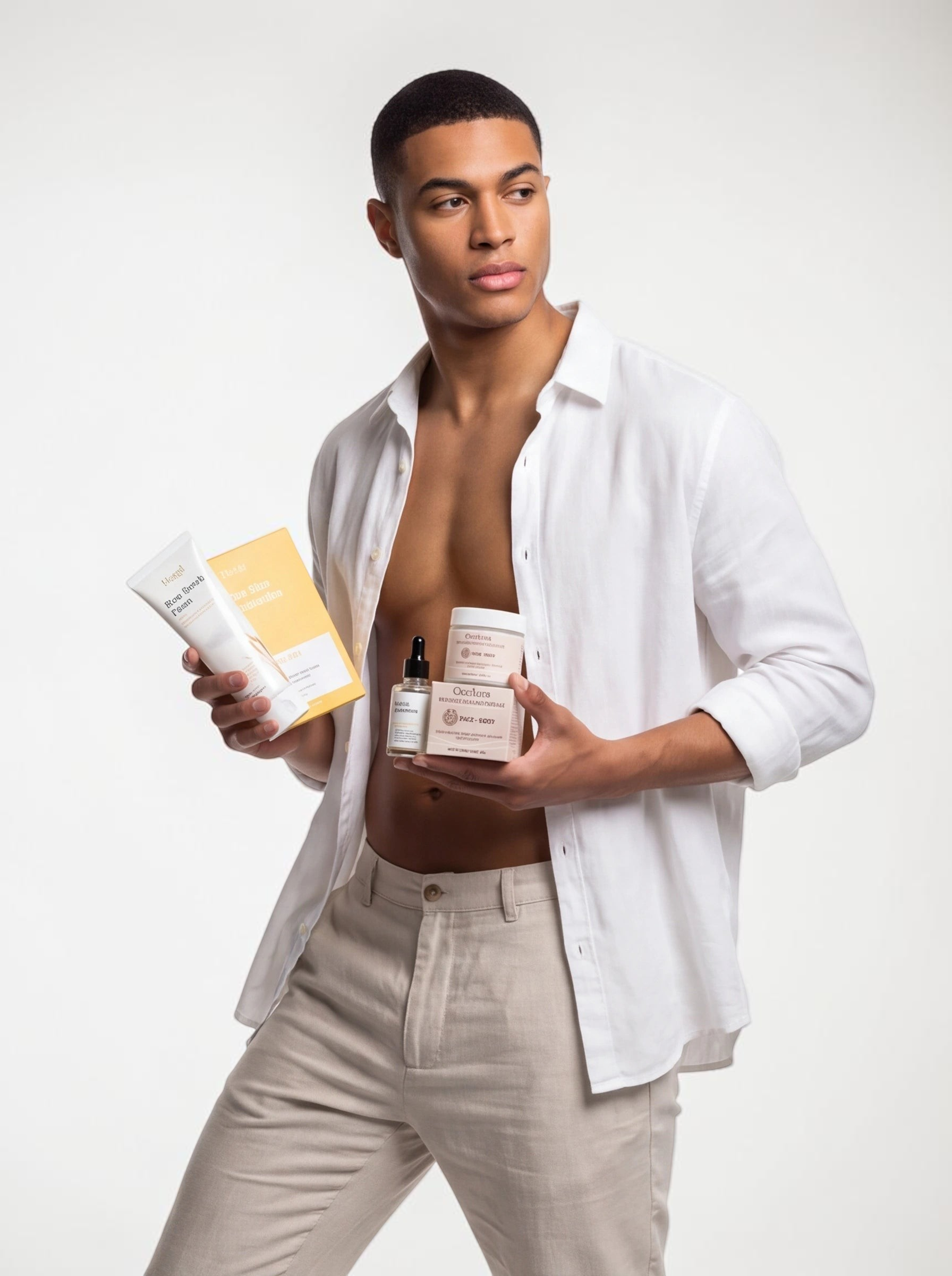 TheGromify 3-step skincare routine kit featuring a cleanser, serum, and moisturizer held by a shirtless man.
