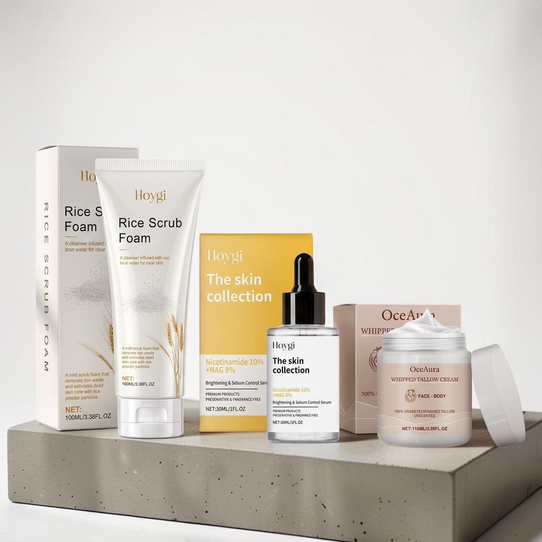 TheGromify 3-step skincare kit featuring rice cleanser, nicotinamide serum, and whipped tallow moisturizer on a pedestal