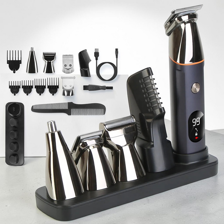 TheGromify 5-in-1 waterproof electric grooming kit with trimmer, multiple attachments, and digital display base.