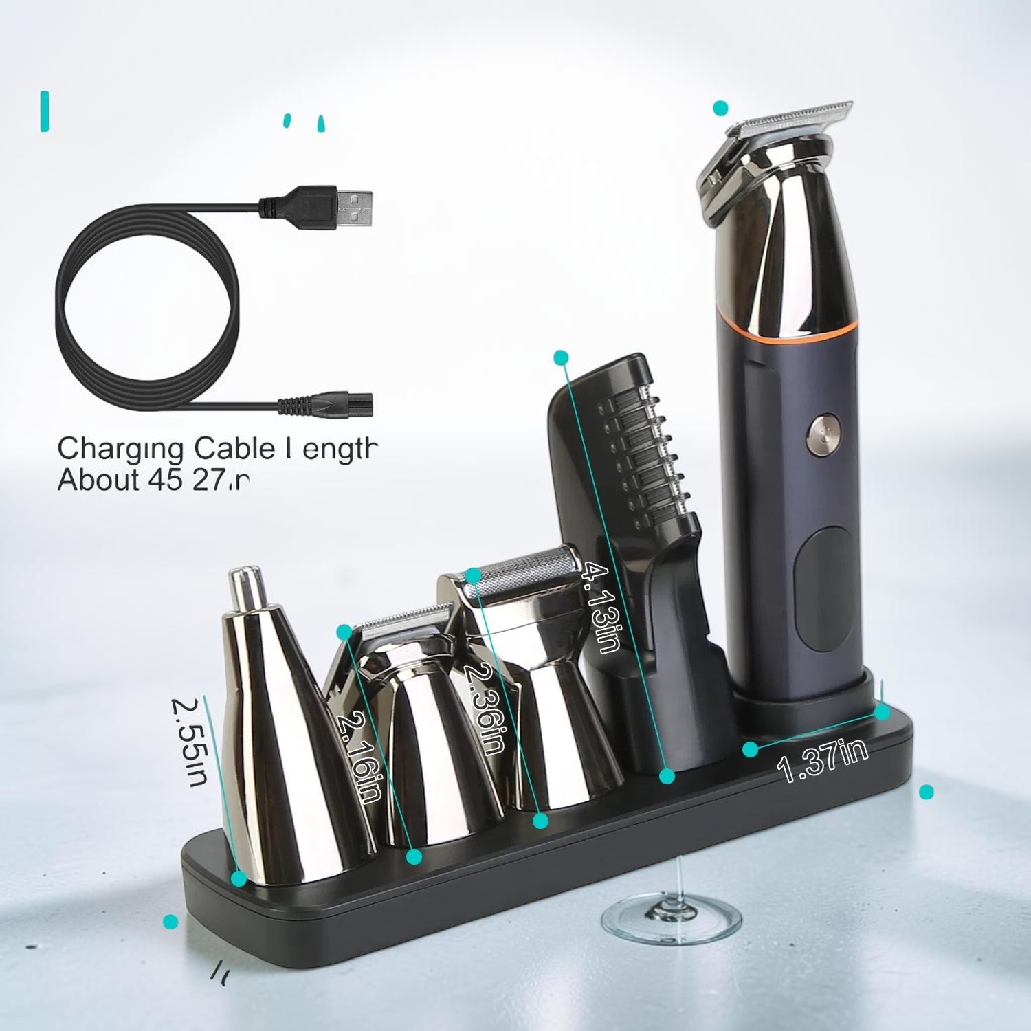 TheGromify 5-in-1 waterproof grooming trimmer set with multiple attachments, charging cable, and storage base.