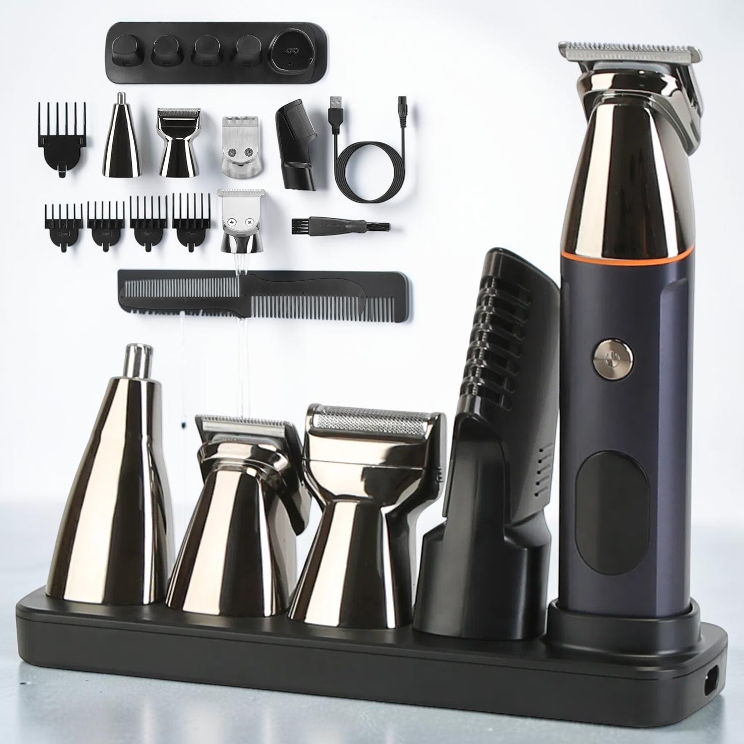 TheGromify 5-in-1 waterproof grooming trimmer set with multiple attachments, guide combs, and charging base.