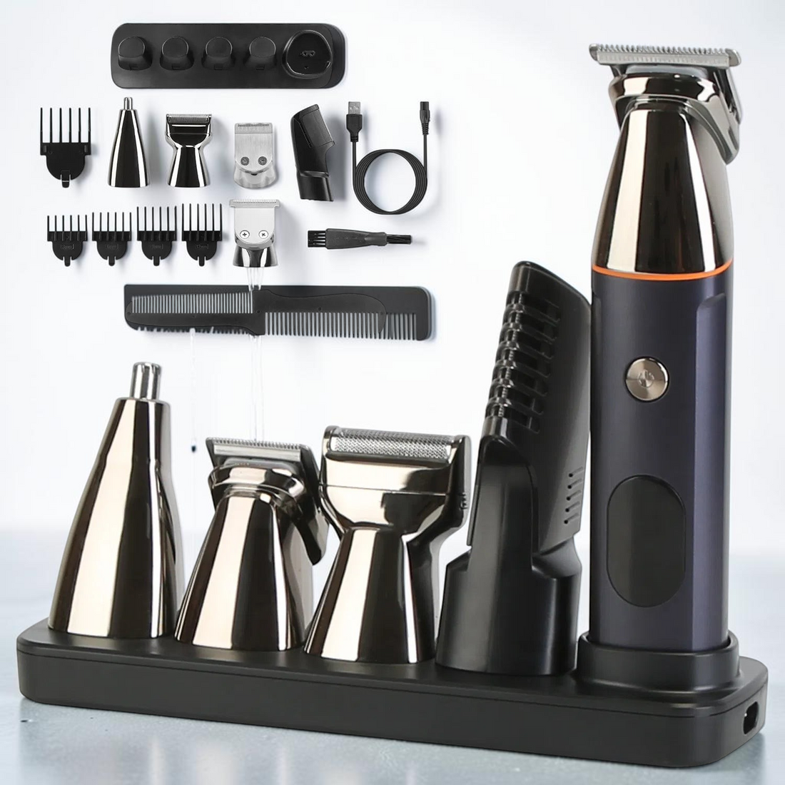 TheGromify 5-in-1 waterproof grooming trimmer set with multiple attachments, guide combs, and charging base.