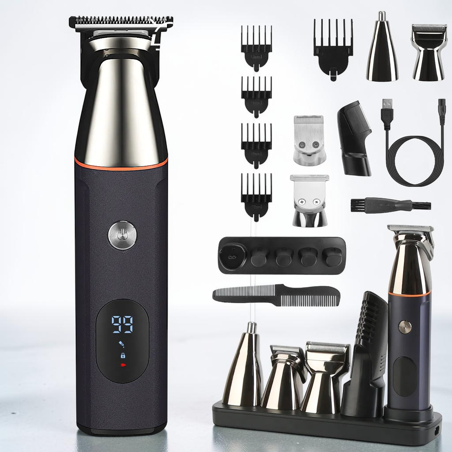 TheGromify 5-in-1 waterproof grooming trimmer set with multiple attachments, guide combs, and LED battery display.