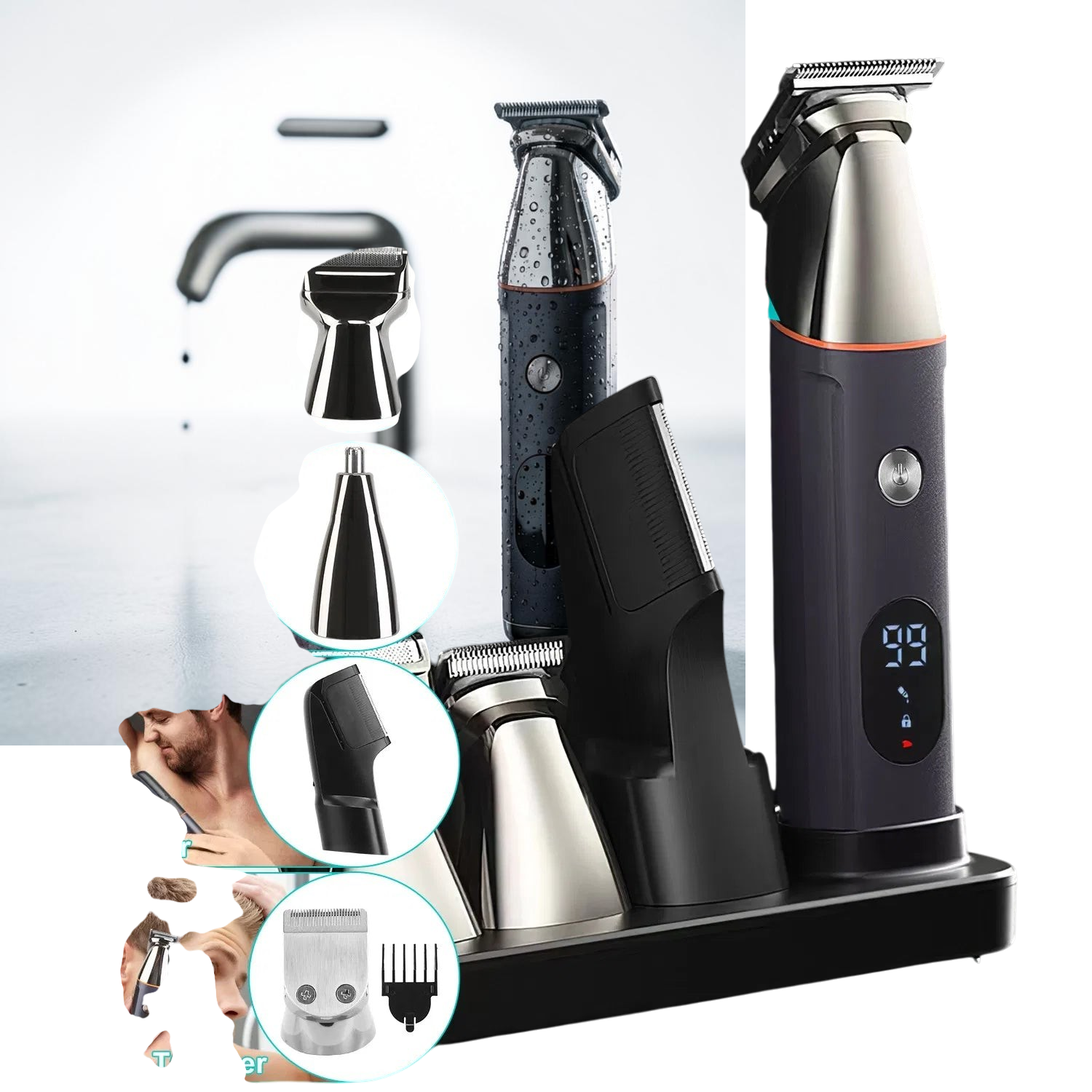 TheGromify 5-in-1 waterproof grooming trimmer set with multiple attachments, LED display, and charging base.