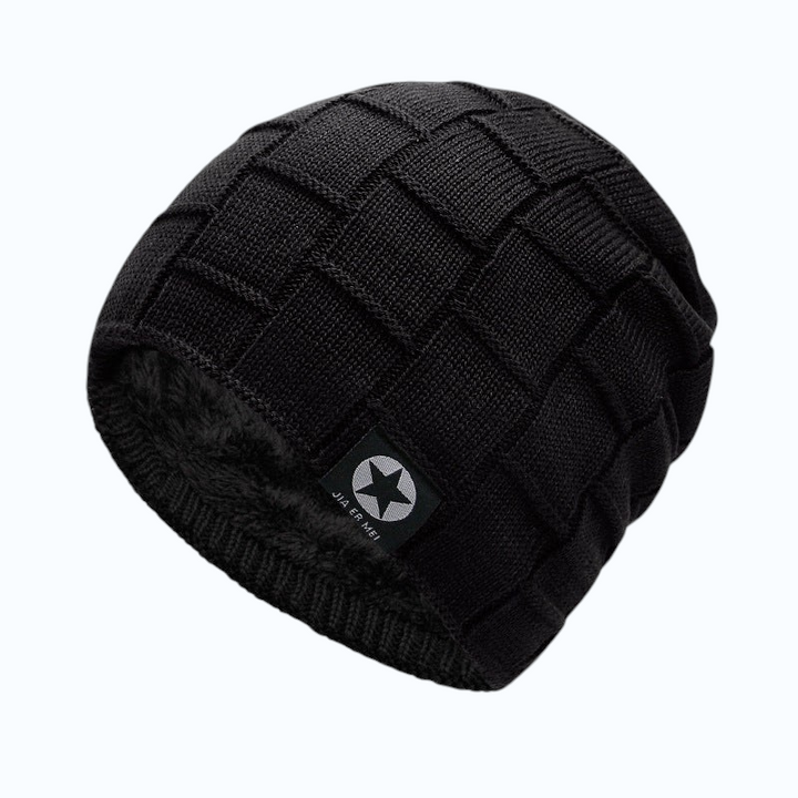 TheGromify thick black woolen knit beanie with a structured basketweave pattern and star logo patch