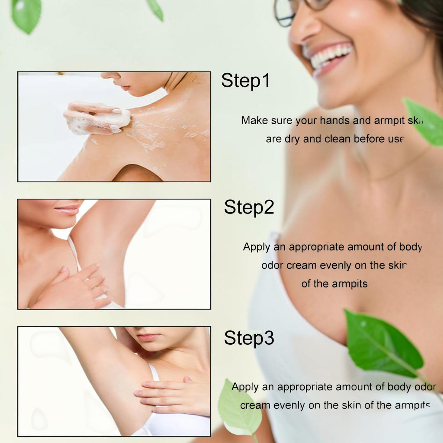 TheGromify body odour control cream application steps showing a woman applying the hydrating cream to clean underarms
