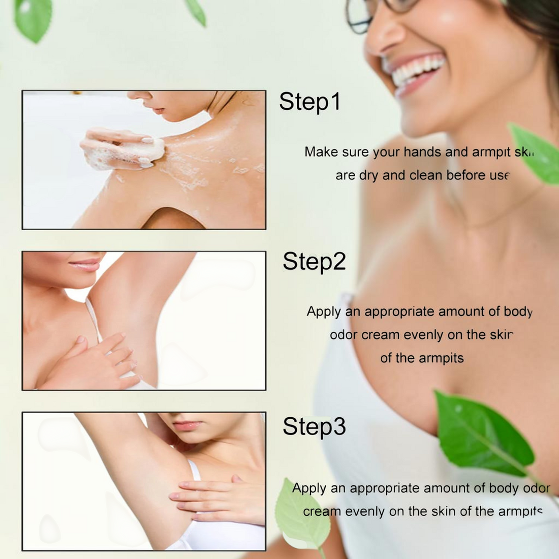TheGromify body odour control cream application steps showing a woman applying the hydrating cream to clean underarms