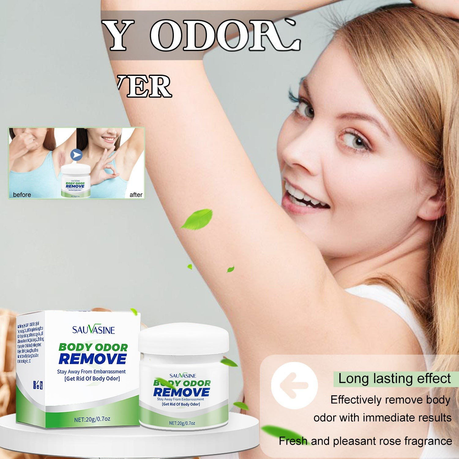 TheGromify body odour control cream in a 20g jar with before and after results shown on a woman's underarm