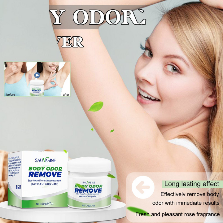 TheGromify body odour control cream in a 20g jar with before and after results shown on a woman's underarm