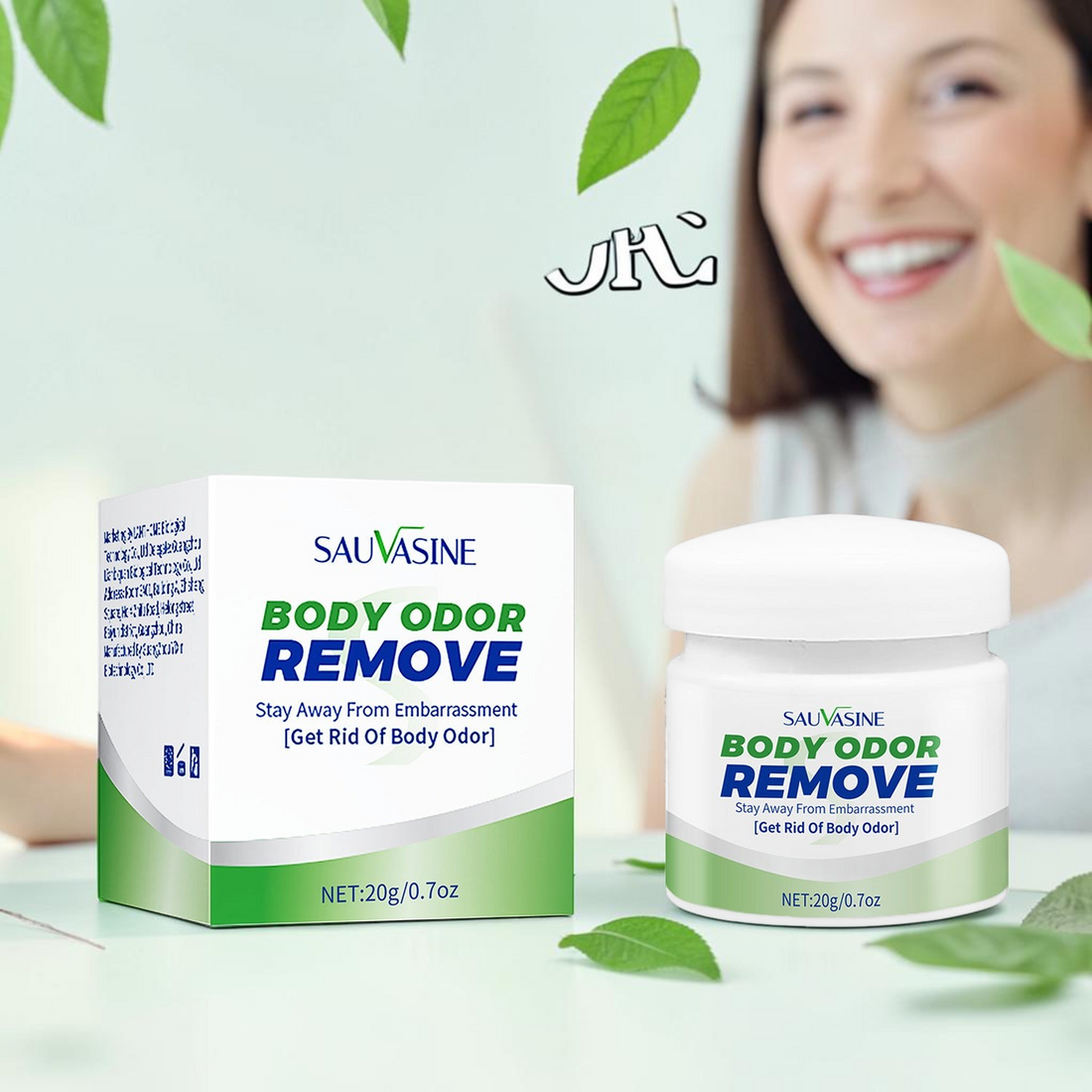 TheGromify body odour control cream in a white 20g jar and box, featuring a fresh, skin-calming formula.