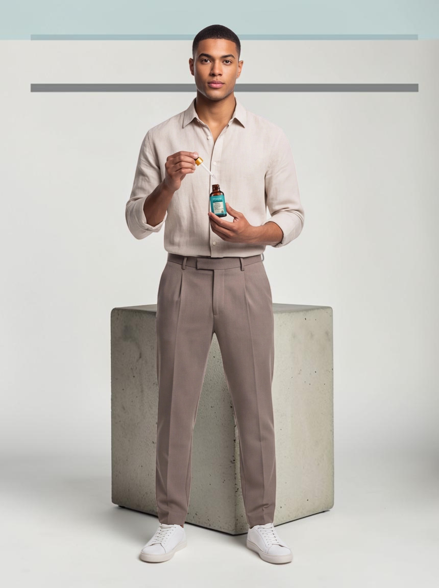 TheGromify Ginger & Rosemary Hair Growth Serum held by a man in a linen shirt, promoting scalp health and hair growth.