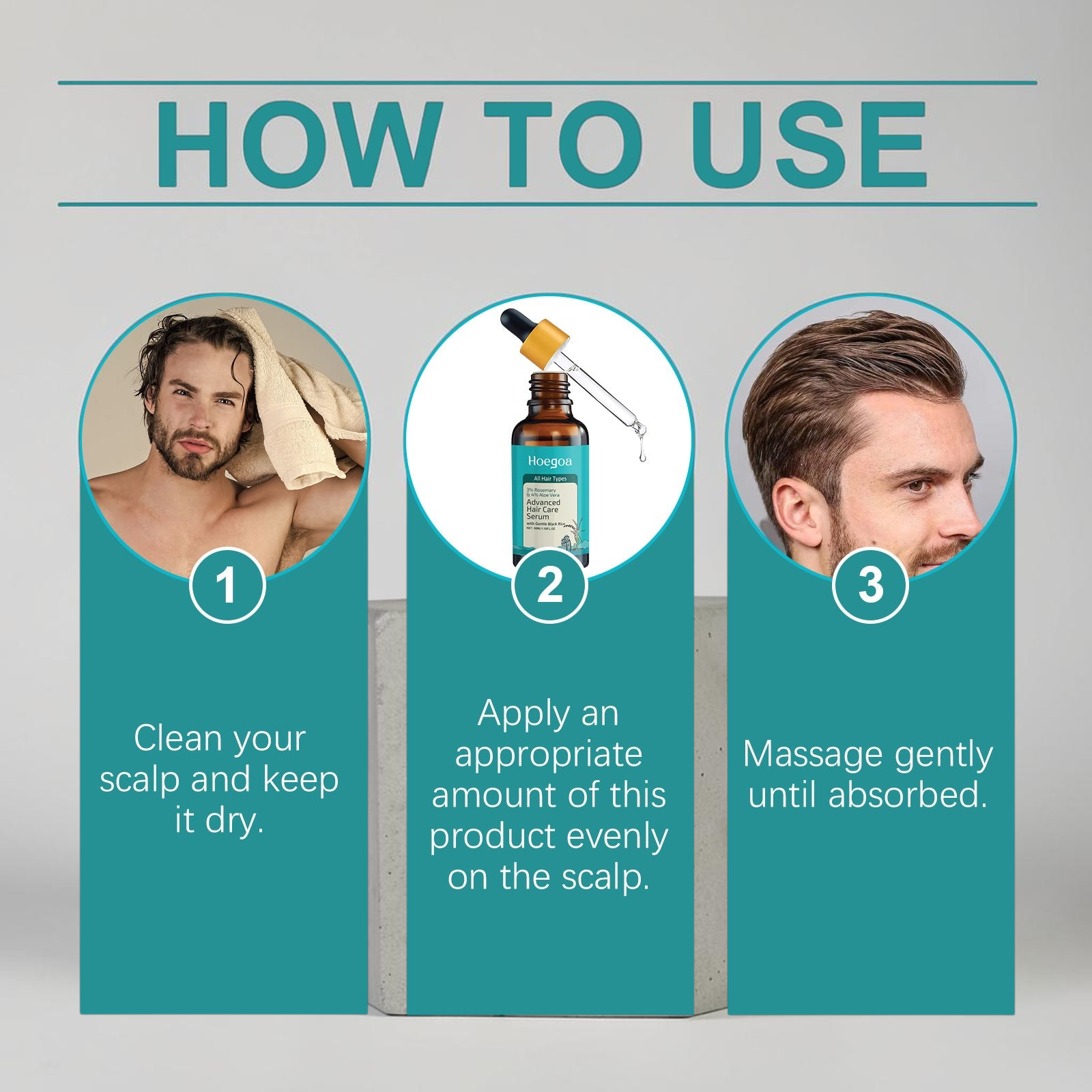 TheGromify Ginger & Rosemary Hair Growth Serum application guide showing three steps for scalp treatment