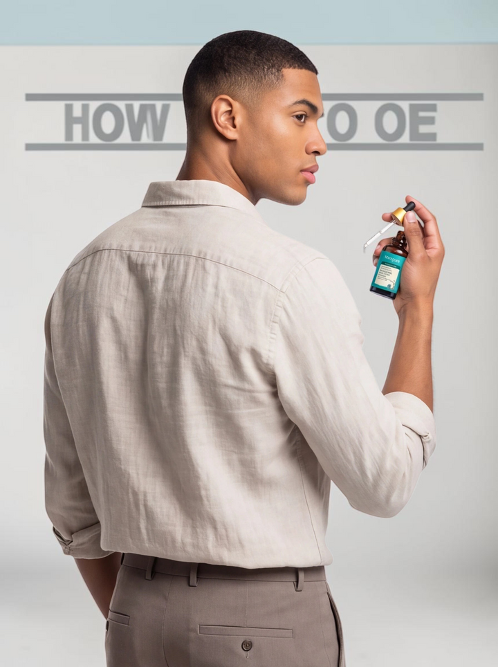 TheGromify Ginger & Rosemary Hair Growth Serum held by a man in a beige linen shirt against a neutral studio background.