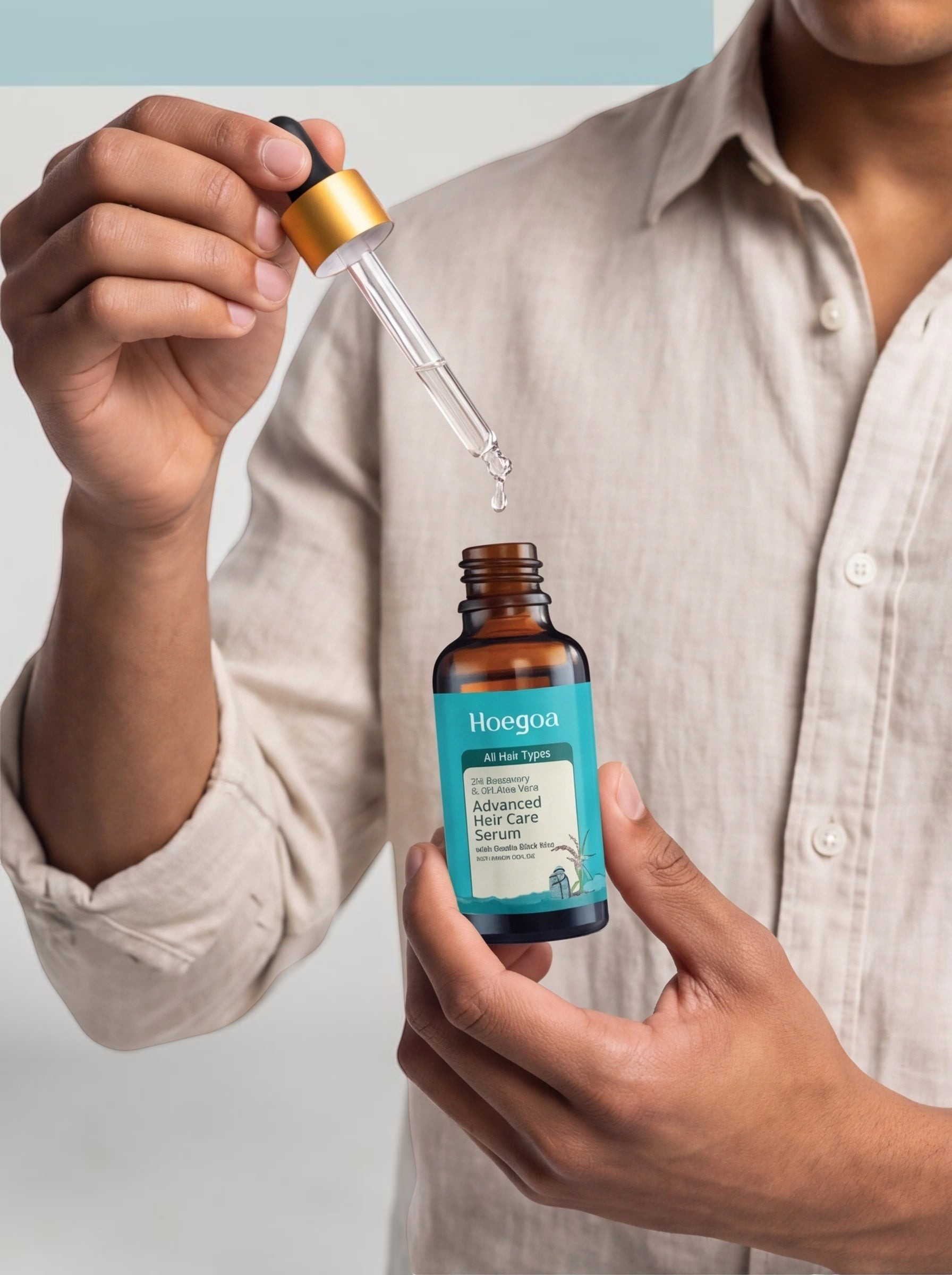 TheGromify Ginger & Rosemary hair growth serum in an amber glass bottle with a dropper being applied to the scalp.