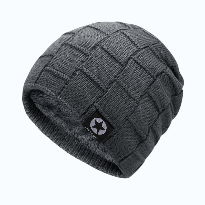 TheGromify thick grey woolen knit beanie with a textured basketweave pattern and a star logo patch for winter warmth.