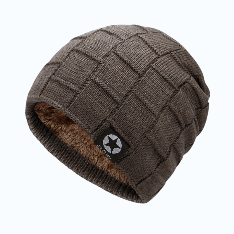 TheGromify thick grey woolen knit beanie with a warm fleece lining and a star logo patch for winter comfort