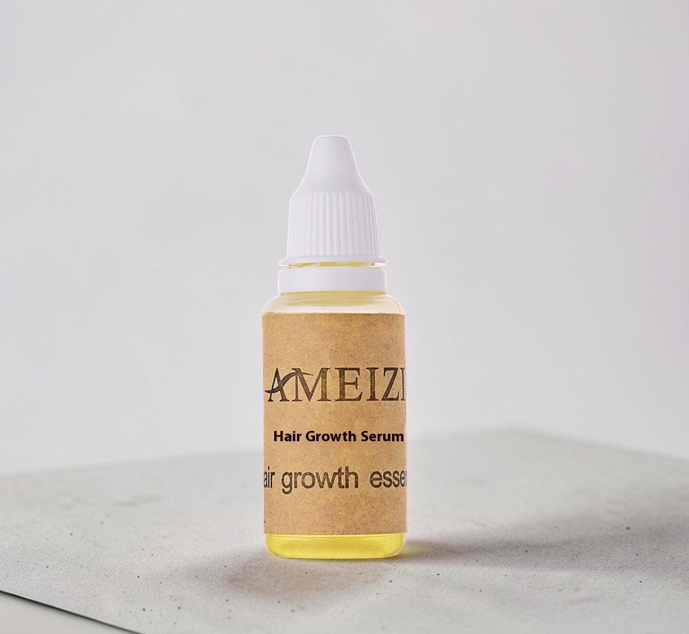 TheGromify Hair Growth Accelerator Tonic in a small amber bottle with a kraft paper label on a neutral surface.