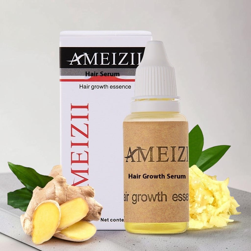 TheGromify Hair Growth Accelerator Tonic bottle and packaging with fresh ginger root on a grey surface