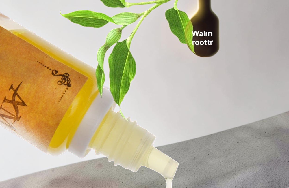 TheGromify Hair Growth Accelerator Tonic liquid dripping from a bottle with green leaves on a grey surface