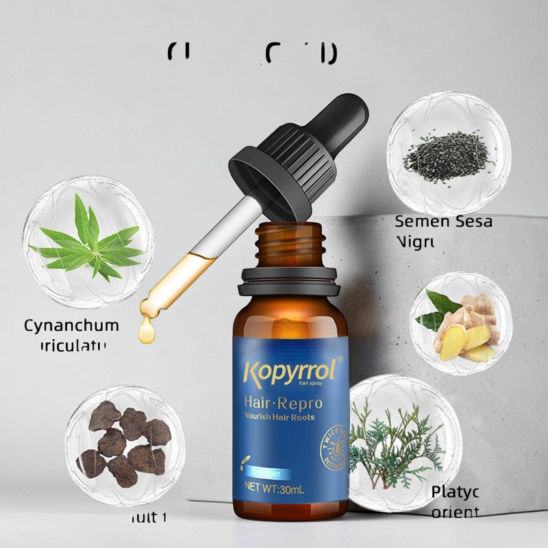 TheGromify Hairline Strengthening Lotion in an amber glass bottle with a dropper, surrounded by natural herbal ingredients.