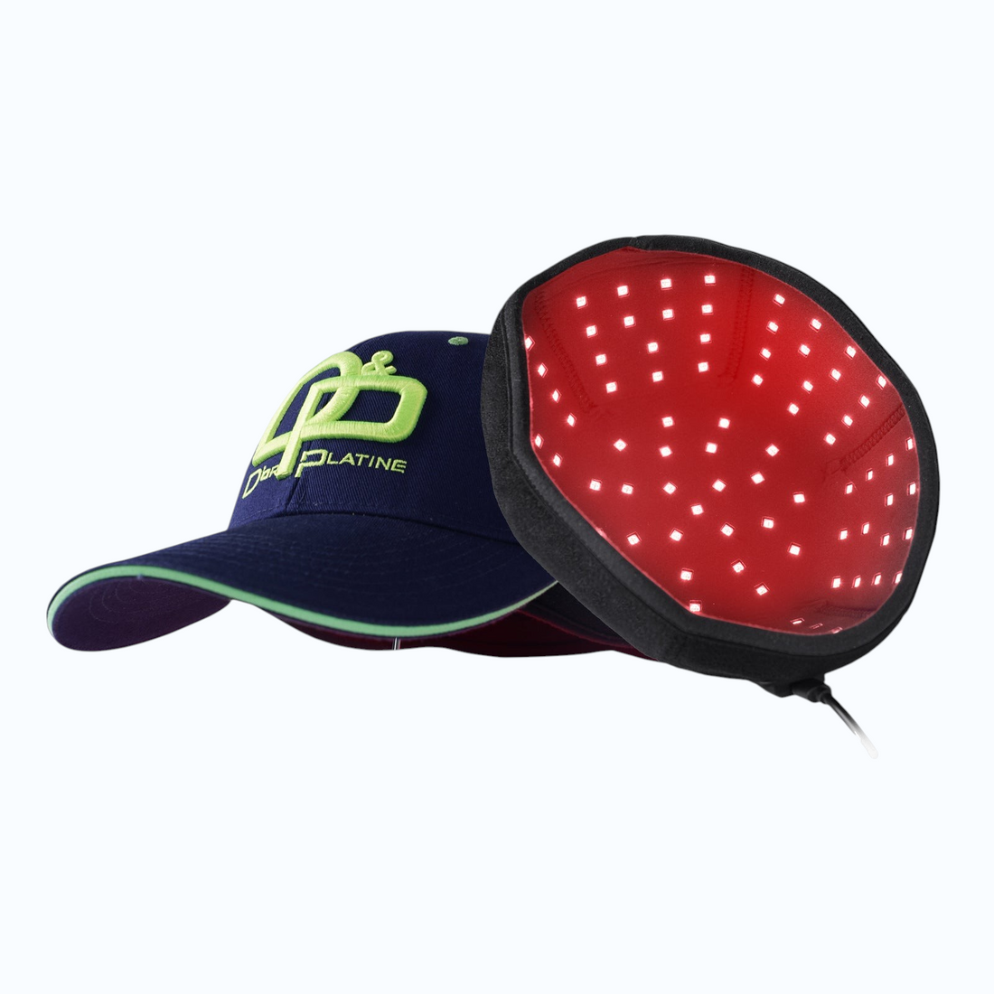 TheGromify infrared LED hair growth cap with 108 red light therapy diodes inside a navy blue baseball hat