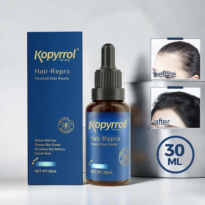 TheGromify Kopyrrol Hair Repro strengthening lotion bottle and box with before and after hair growth results