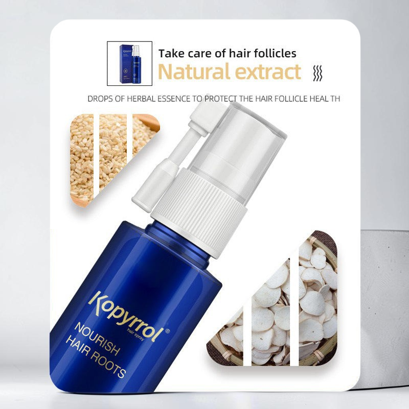 TheGromify Kopyrrol hairline strengthening lotion in a blue spray bottle with natural herbal extract ingredients.