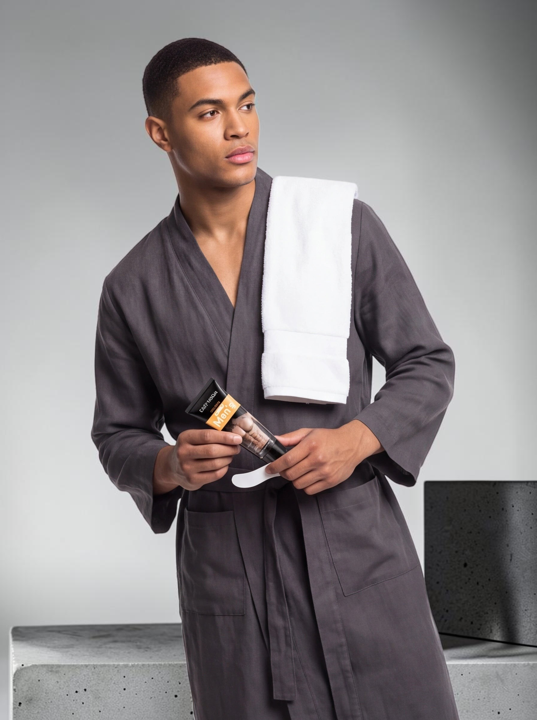 TheGromify men's body hair removal cream in a black tube held by a man in a grey robe with a white towel