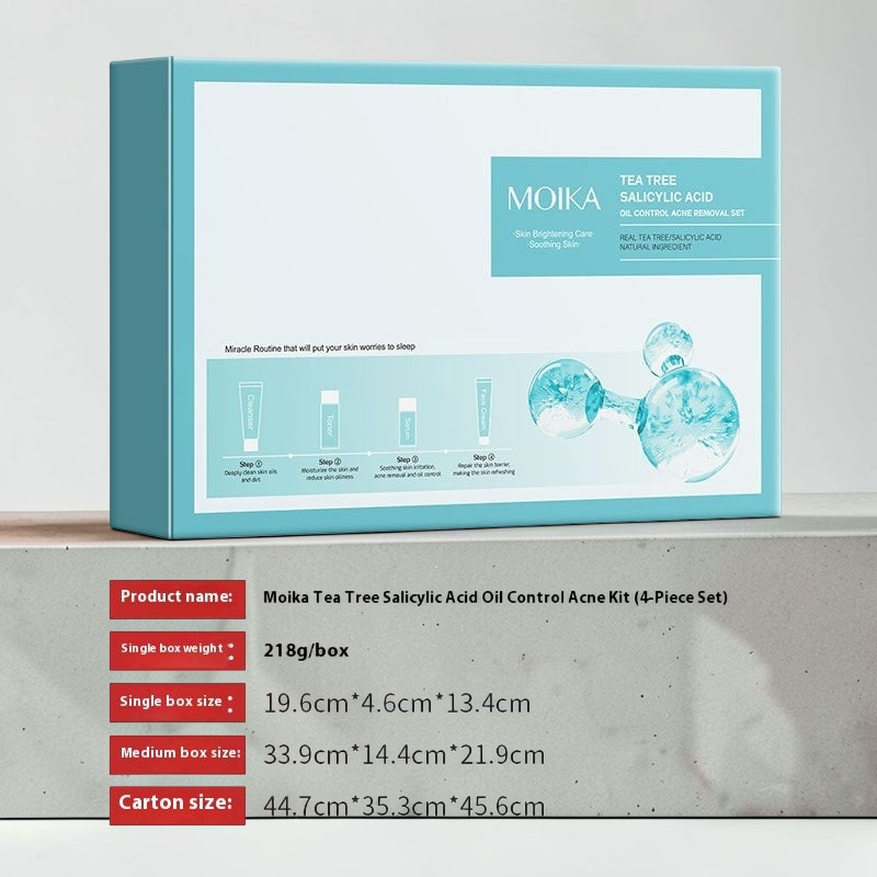 TheGromify Moika tea tree and salicylic acid 4-piece acne control skincare set in a blue box