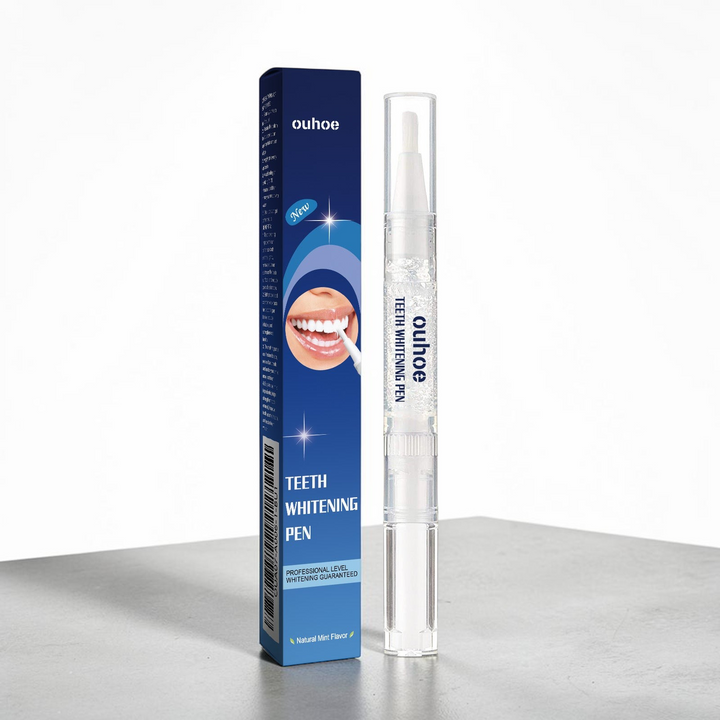 TheGromify natural teeth whitening pen with mint flavor and its blue packaging box on a grey surface.