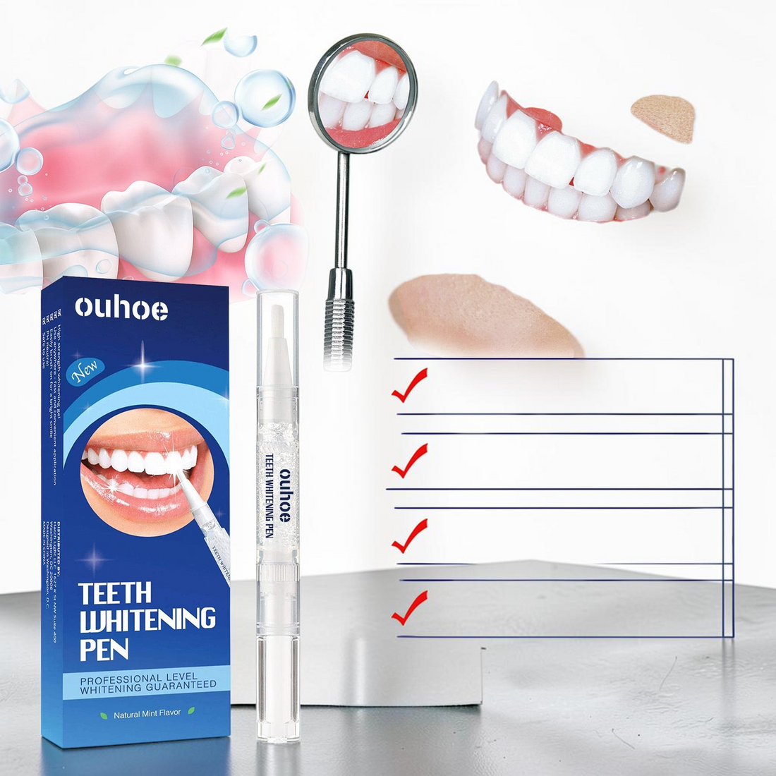 TheGromify natural teeth whitening pen with mint flavor, featuring a blue box and clear applicator for sensitive teeth.