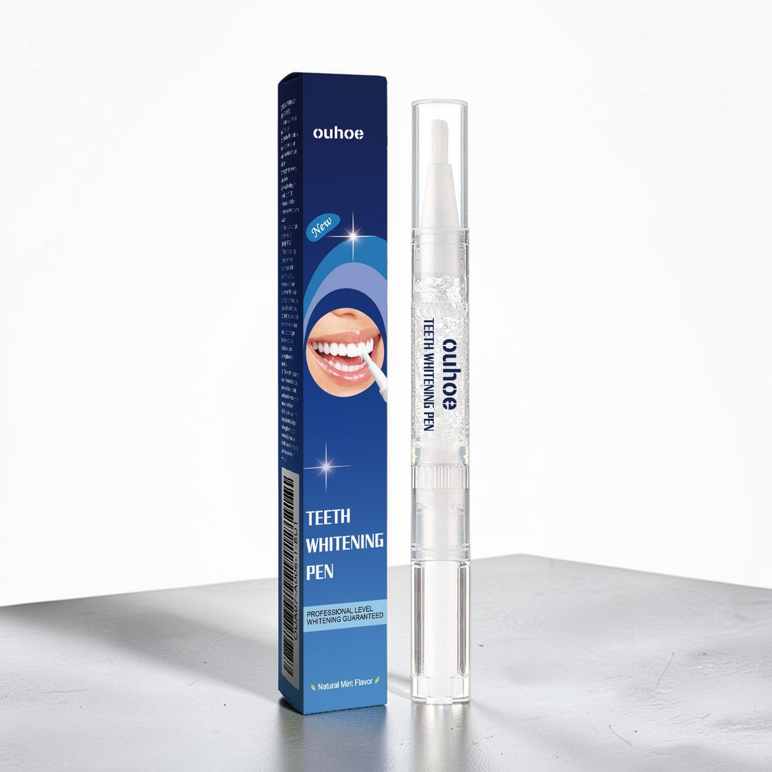 TheGromify natural teeth whitening pen with mint flavor and its blue packaging box on a white surface.