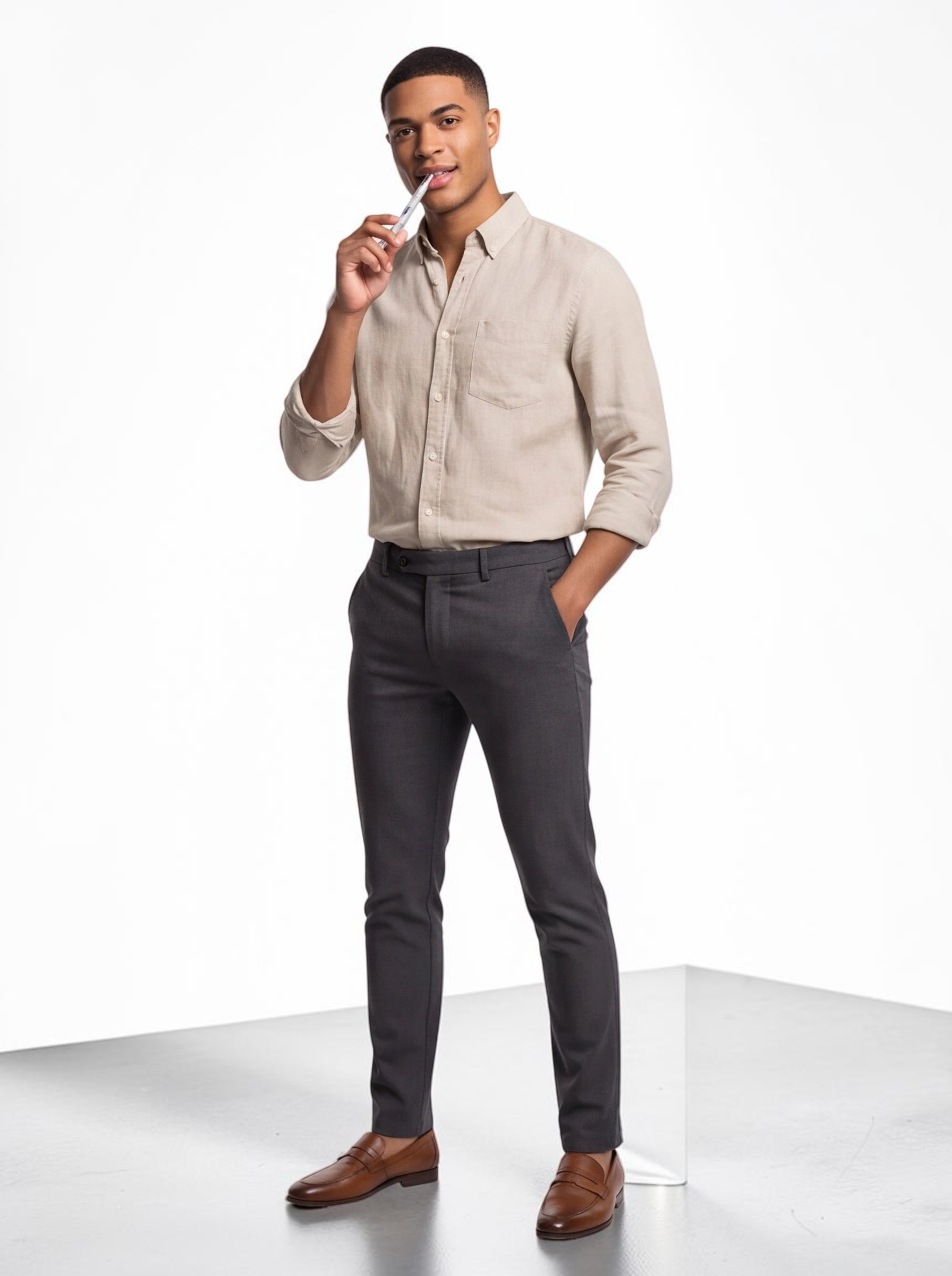 A man in a beige linen shirt using a TheGromify natural teeth whitening pen against a white studio background.