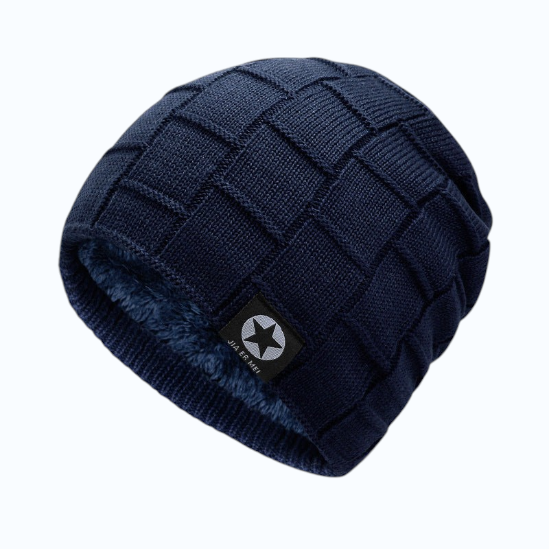 TheGromify navy blue thick woolen knit beanie with a structured checkered pattern and a star logo patch